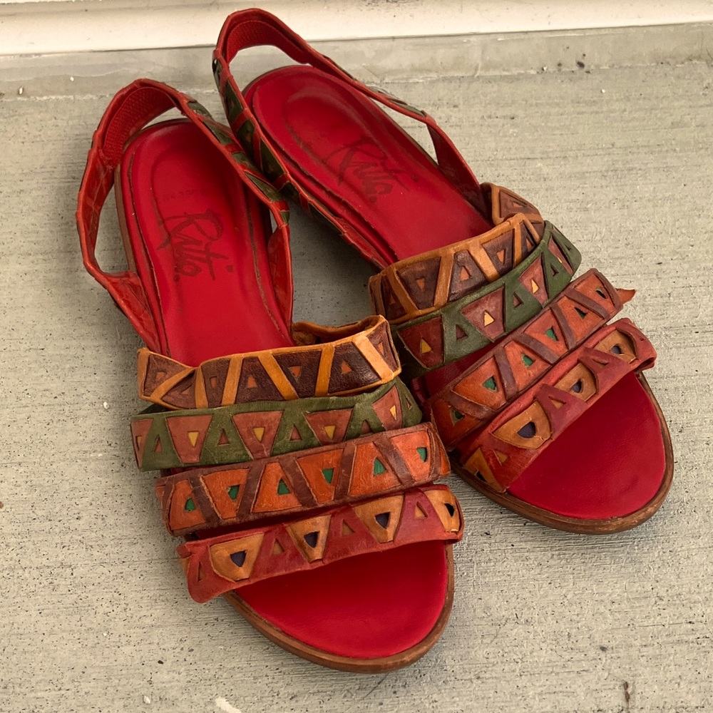Vintage 80s 90s Triangle Geometric Red, Orange, Green Statement Colorful Sandals